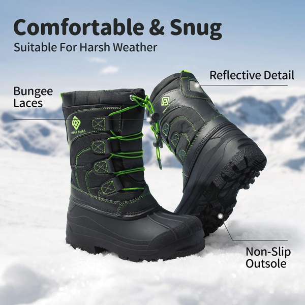 Kids Waterproof Shell Bottom Snow Boots - BLACK NEON GREEN - 4